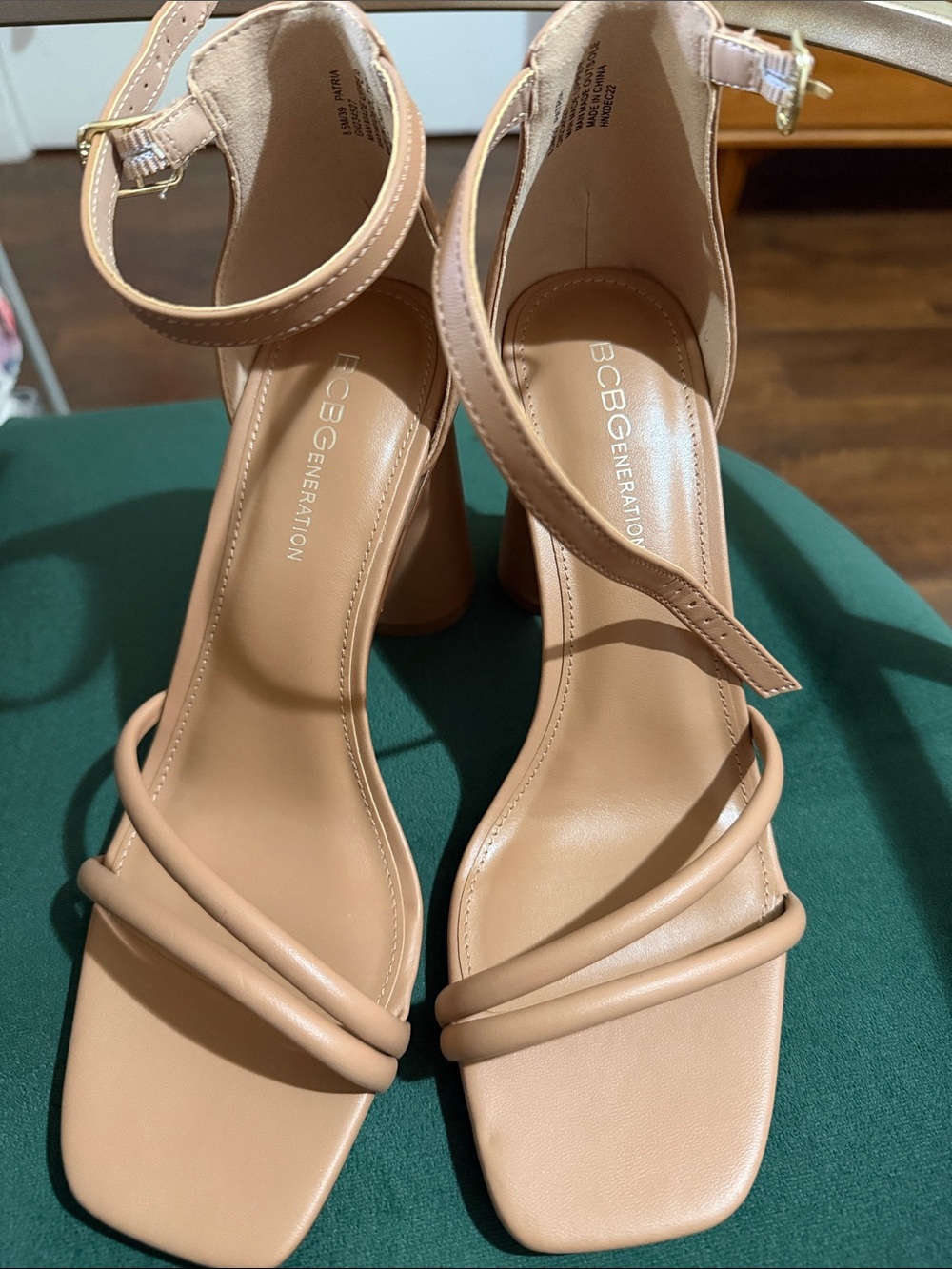 BCBGeneration Beige Strappy Block Heel Sandals